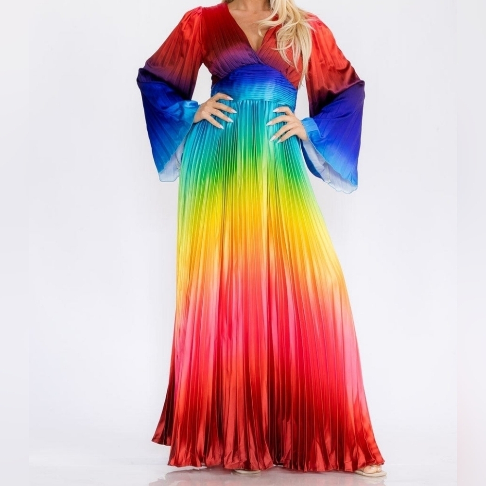 L'atiste Rainbow Colorblock Satin Pleated Empire Maxi Dress Long Sleeve V-Neck